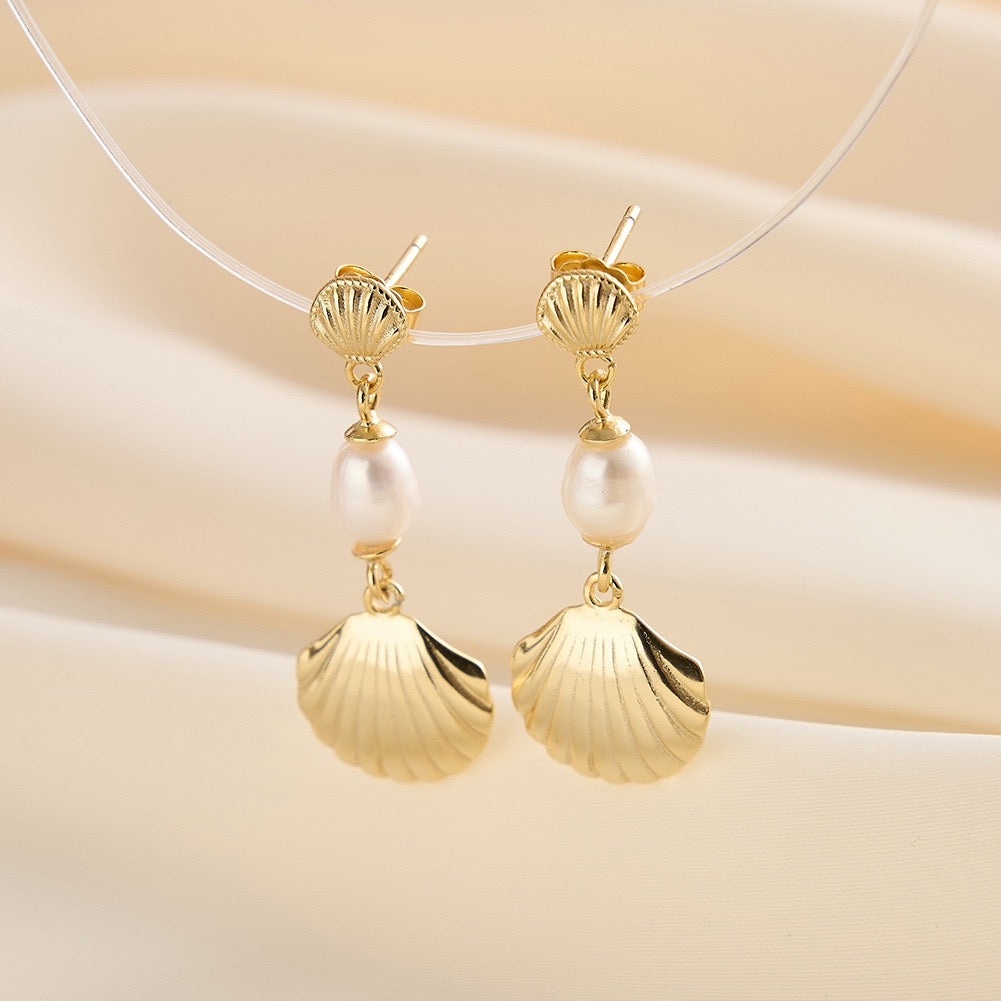 Pearl Drop Seashell Earrings in Gold
