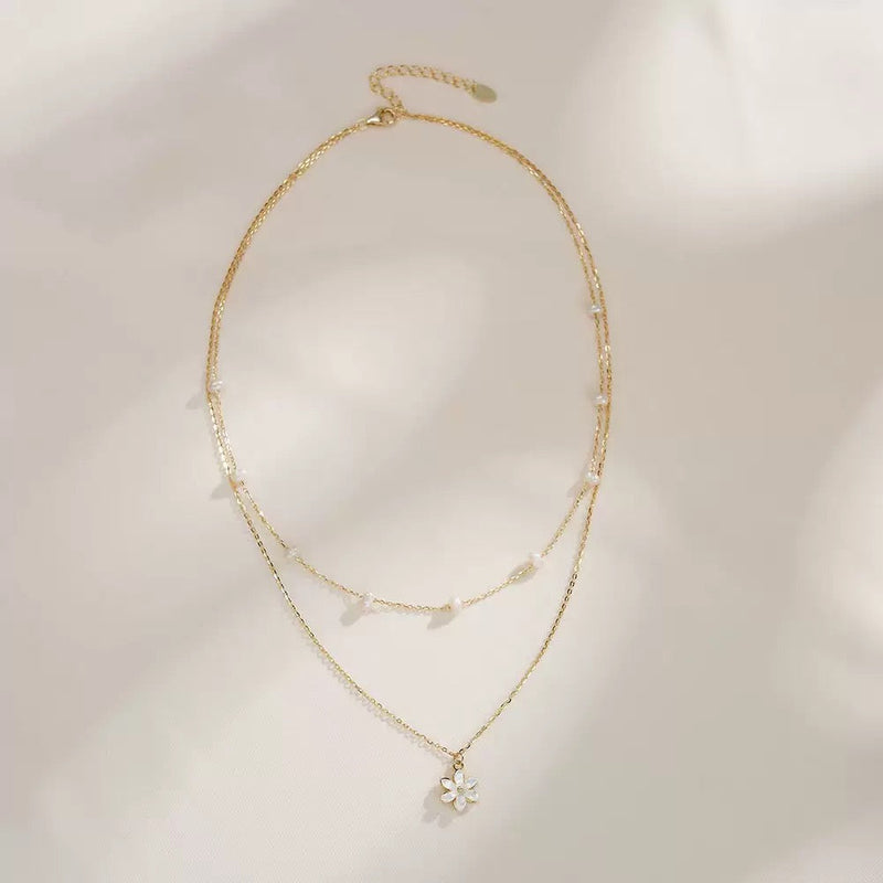 Petite Bloom – Pearl Double Chain & Daisy Pendant Necklace