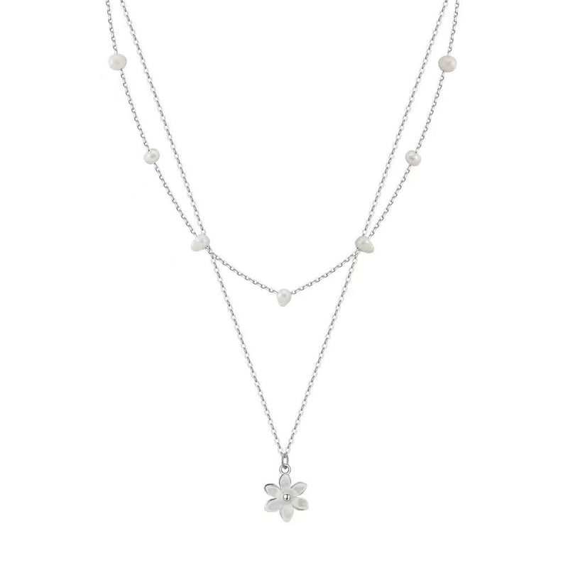 Petite Bloom – Pearl Double Chain & Daisy Pendant Necklace