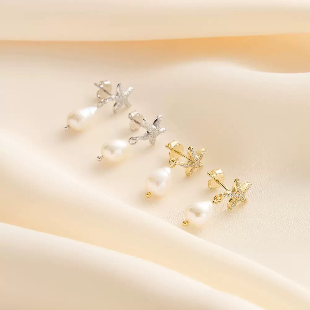 Pearl Drop Starfish Earrings in Gold Vermeil