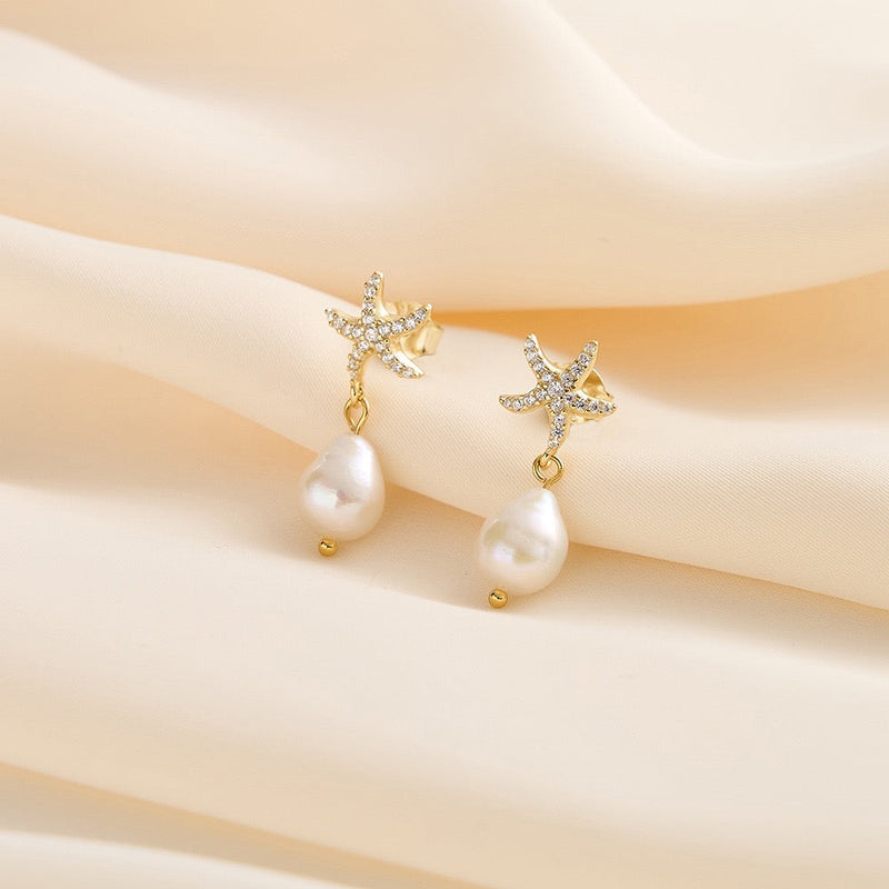 Pearl Drop Starfish Earrings in Gold Vermeil