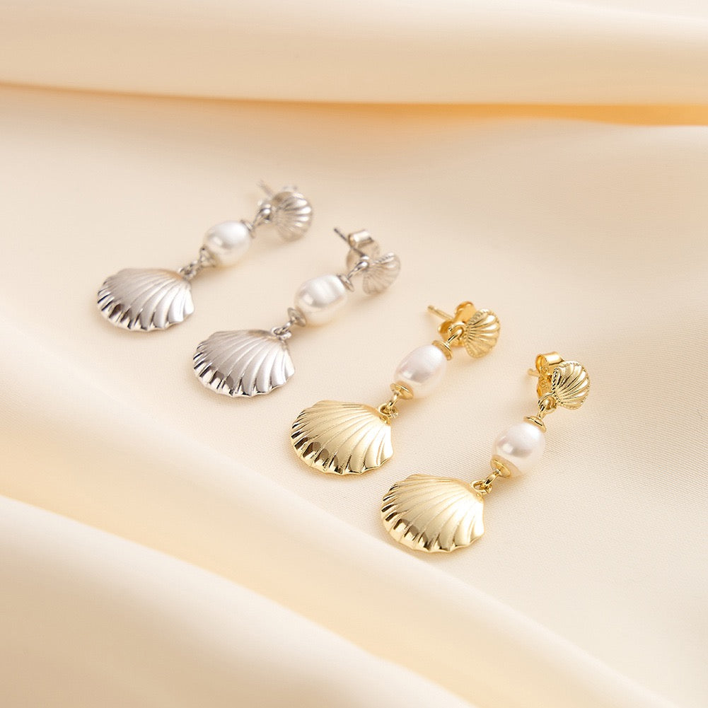 Pearl Drop Seashell Earrings in Gold
