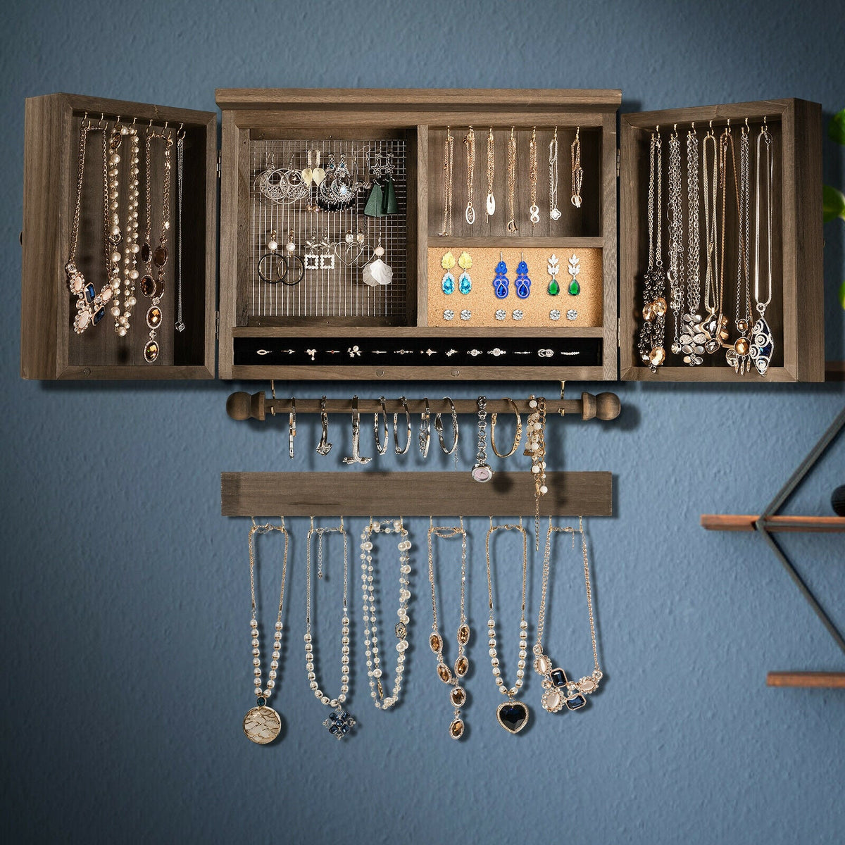Vintage Wood Wall Mounted Jewelry Organizer with Barn Door-Brown