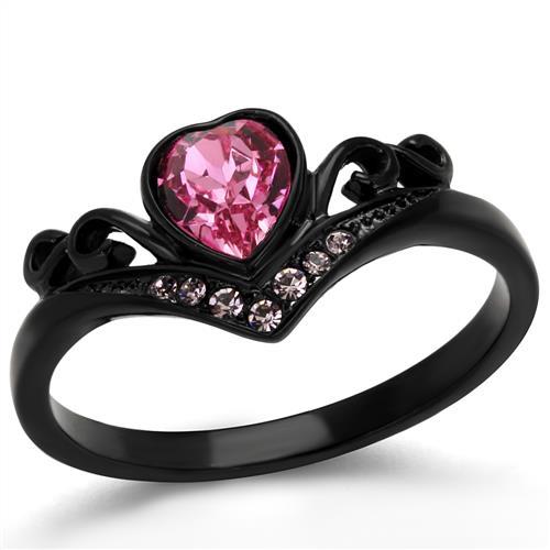 Women IP Black Stainless Steel Ring with Top Grade Crystal in Rose - S