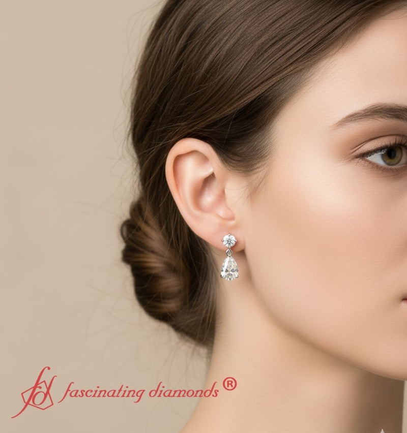 Round & Pear Diamond Drop Stud Earrings