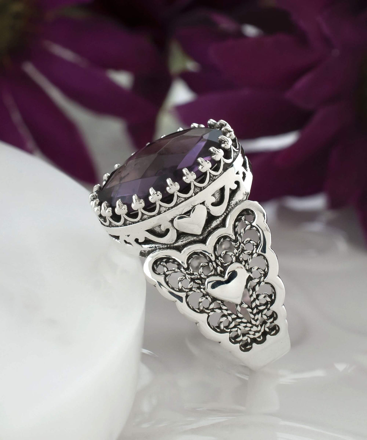 Amethyst Gemstone Double Heart Detailed Filigree Art 925 Sterling