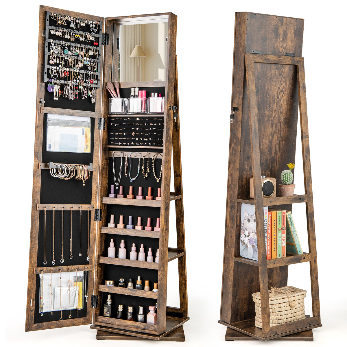 360¬∞ Swivel Jewelry Armoire Standing Jewelry Organizer with Full Length Mirror and Back Shelves
