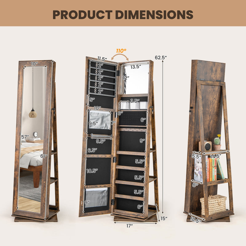 360¬∞ Swivel Jewelry Armoire Standing Jewelry Organizer with Full Length Mirror and Back Shelves