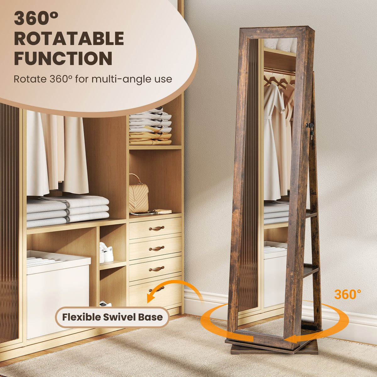 360¬∞ Swivel Jewelry Armoire Standing Jewelry Organizer with Full Length Mirror and Back Shelves