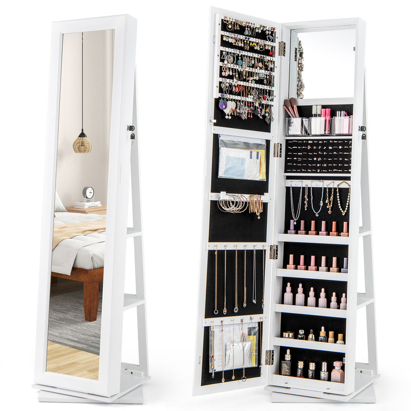 360¬∞ Swivel Jewelry Armoire Standing Jewelry Organizer with Full Length Mirror and Back Shelves