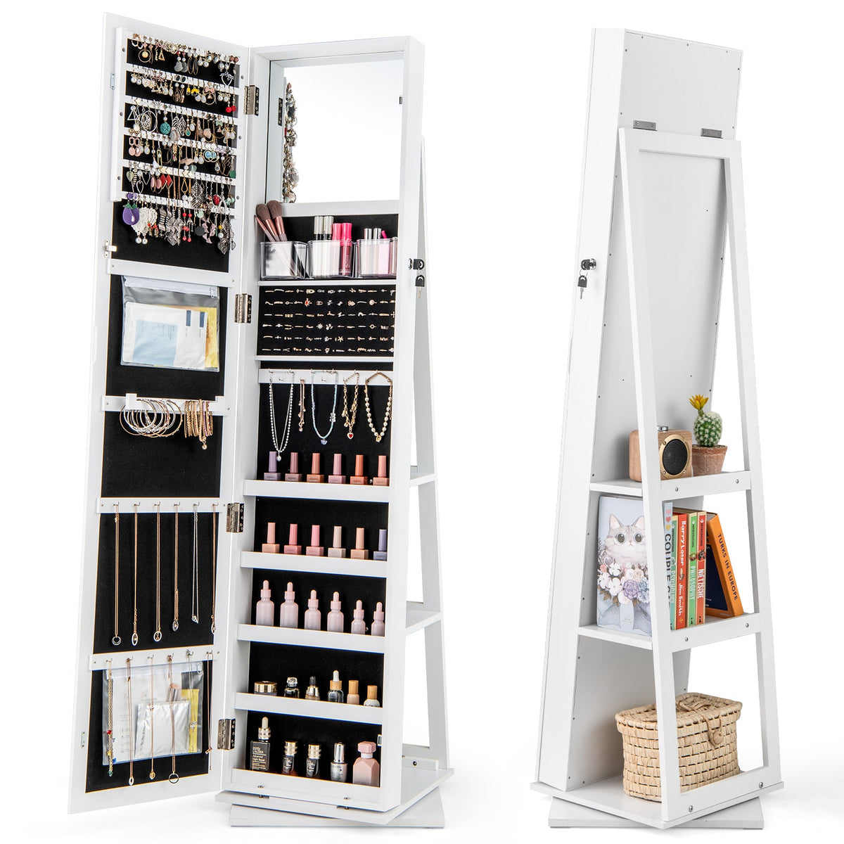 360¬∞ Swivel Jewelry Armoire Standing Jewelry Organizer with Full Length Mirror and Back Shelves