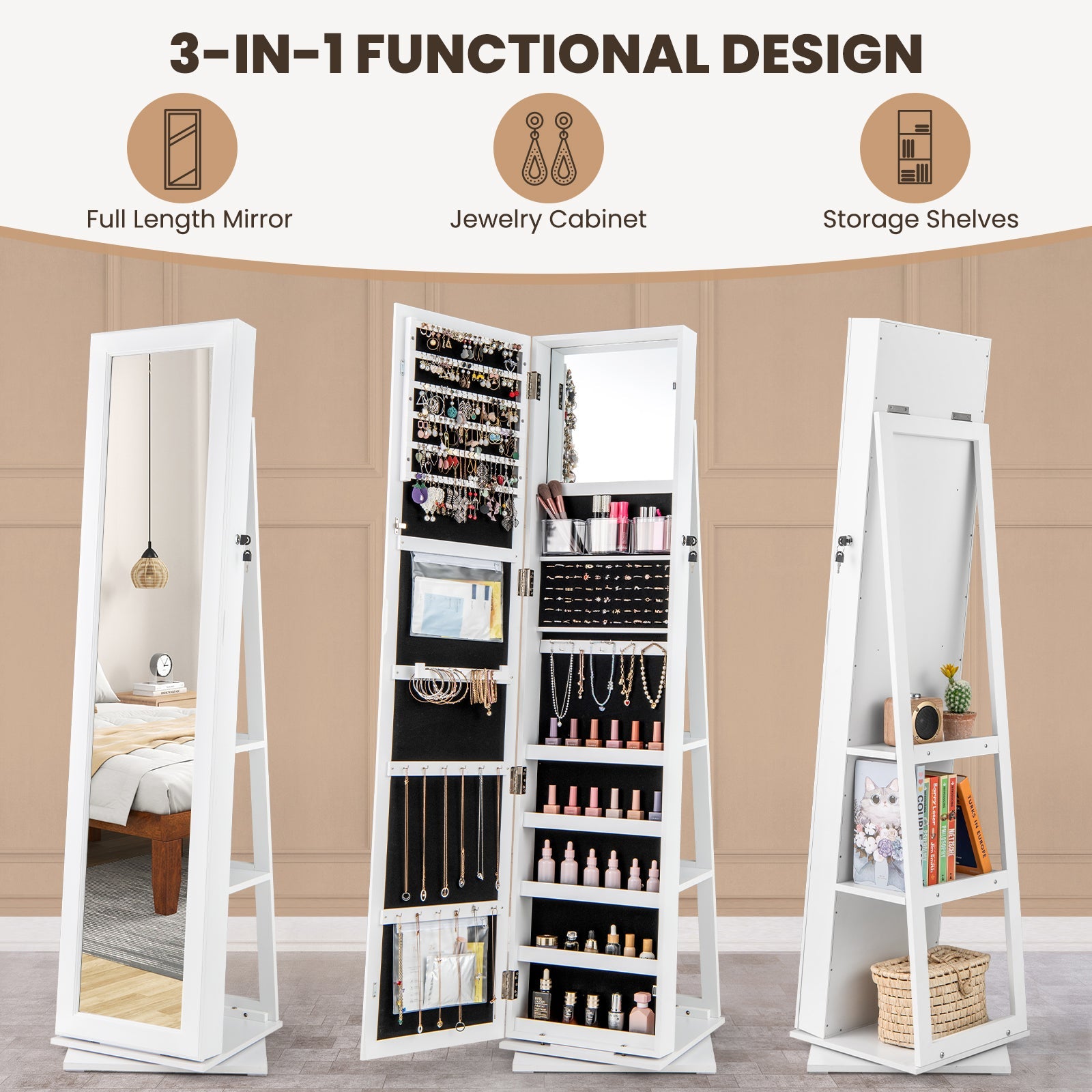 360¬∞ Swivel Jewelry Armoire Standing Jewelry Organizer with Full Length Mirror and Back Shelves