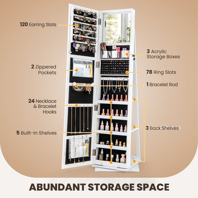 360¬∞ Swivel Jewelry Armoire Standing Jewelry Organizer with Full Length Mirror and Back Shelves