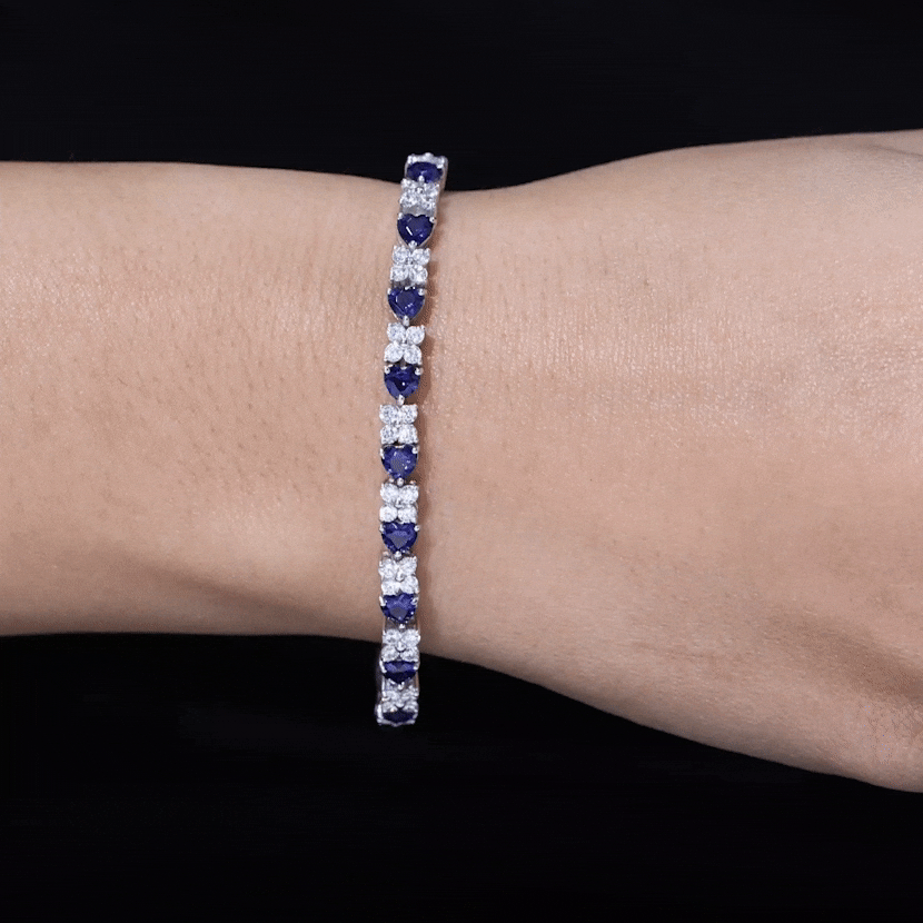 Lab-Created Blue Sapphire Heart Tennis Bracelet with Moissanite