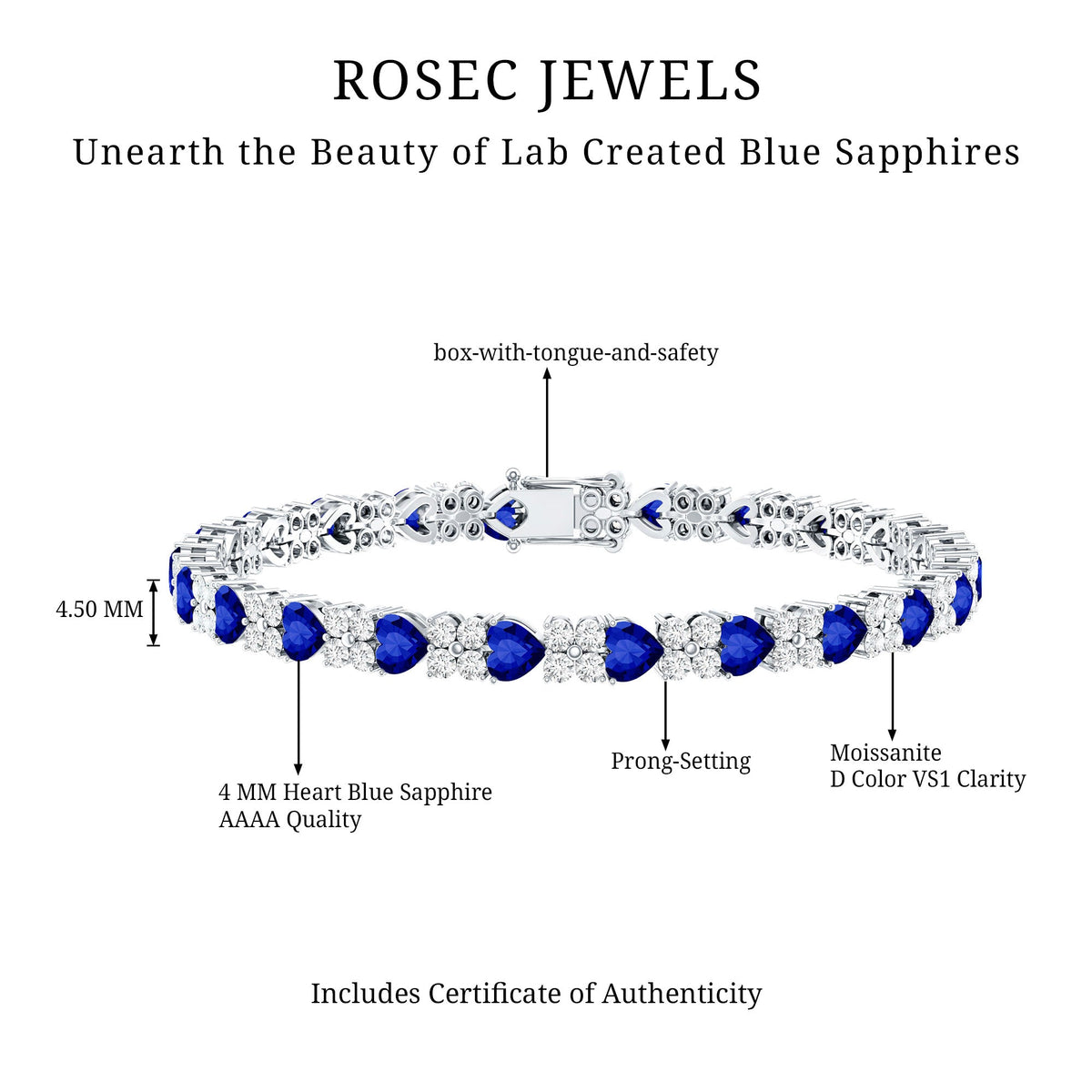 Lab-Created Blue Sapphire Heart Tennis Bracelet with Moissanite