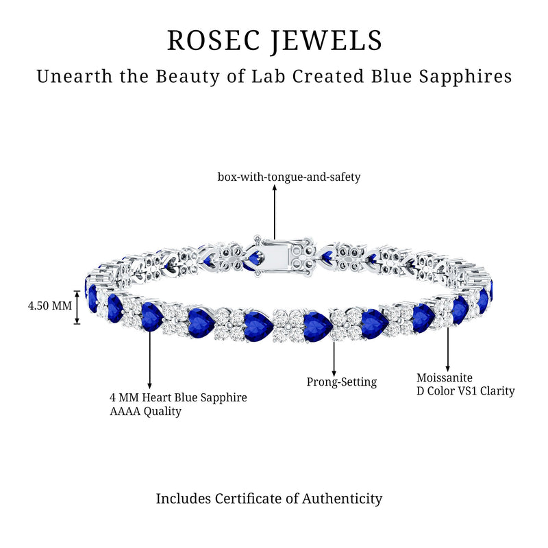 Lab-Created Blue Sapphire Heart Tennis Bracelet with Moissanite