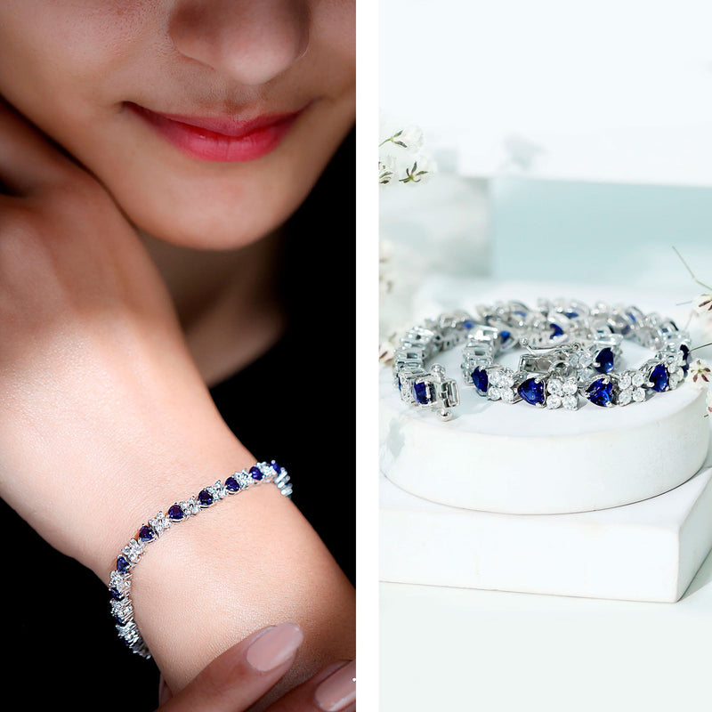 Lab-Created Blue Sapphire Heart Tennis Bracelet with Moissanite