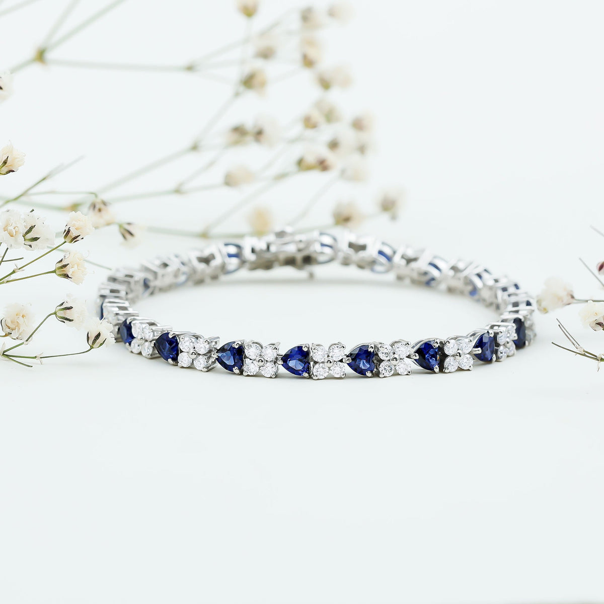 Lab-Created Blue Sapphire Heart Tennis Bracelet with Moissanite
