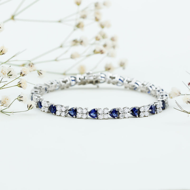 Lab-Created Blue Sapphire Heart Tennis Bracelet with Moissanite