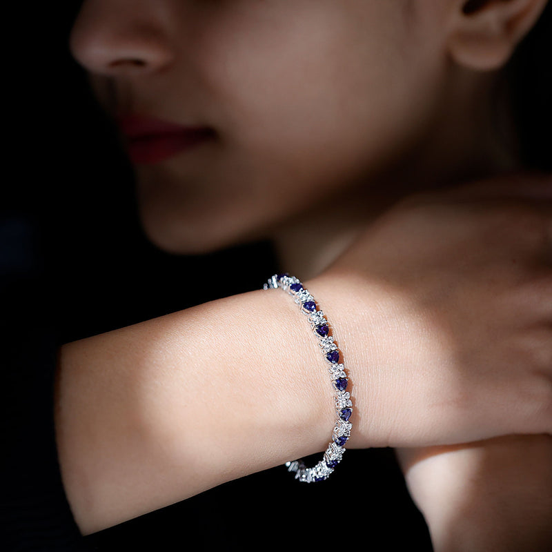 Lab-Created Blue Sapphire Heart Tennis Bracelet with Moissanite