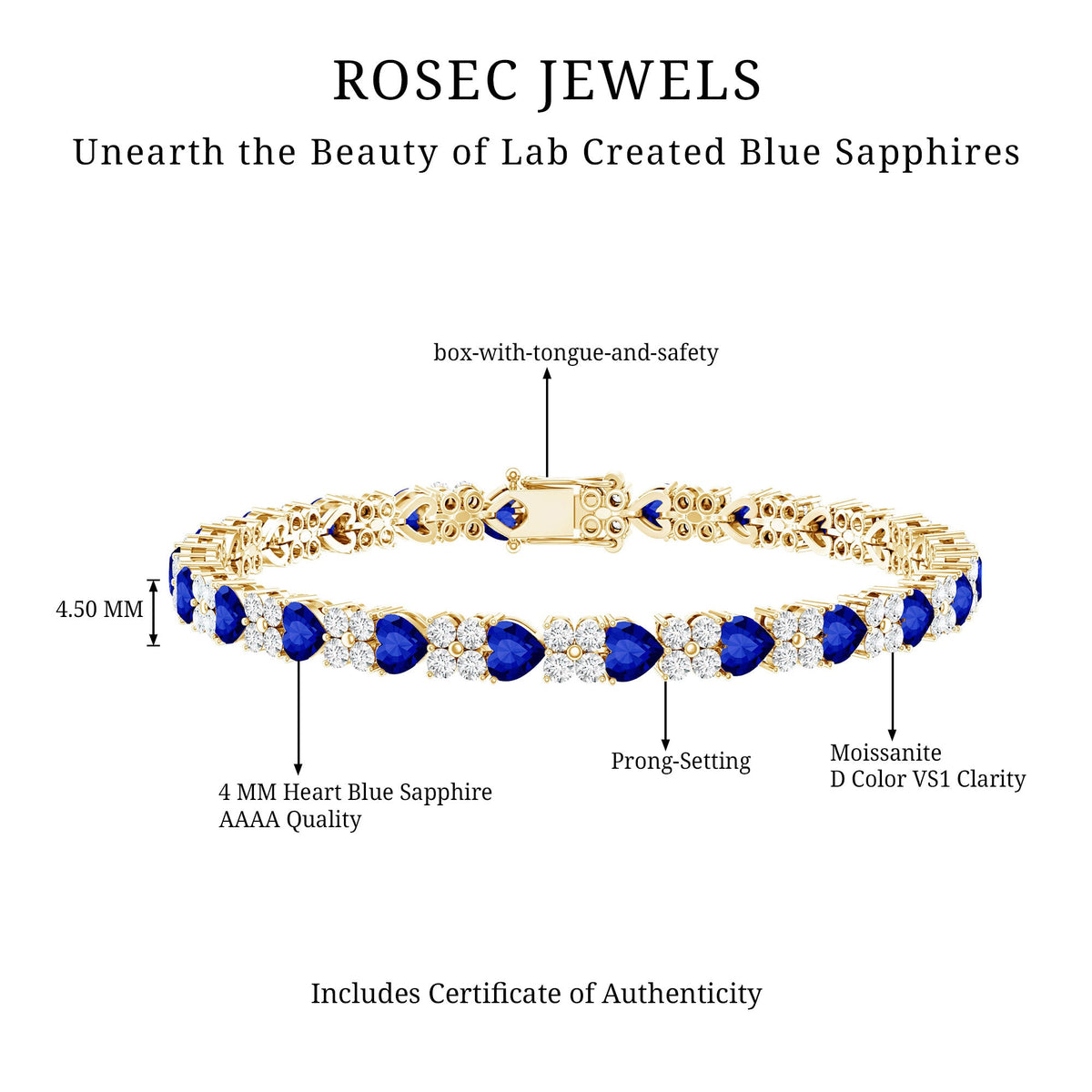Lab-Created Blue Sapphire Heart Tennis Bracelet with Moissanite
