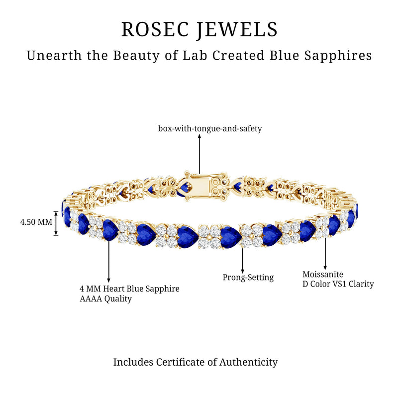 Lab-Created Blue Sapphire Heart Tennis Bracelet with Moissanite