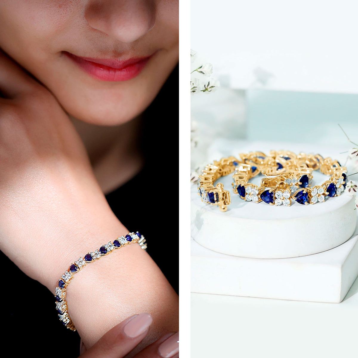 Lab-Created Blue Sapphire Heart Tennis Bracelet with Moissanite