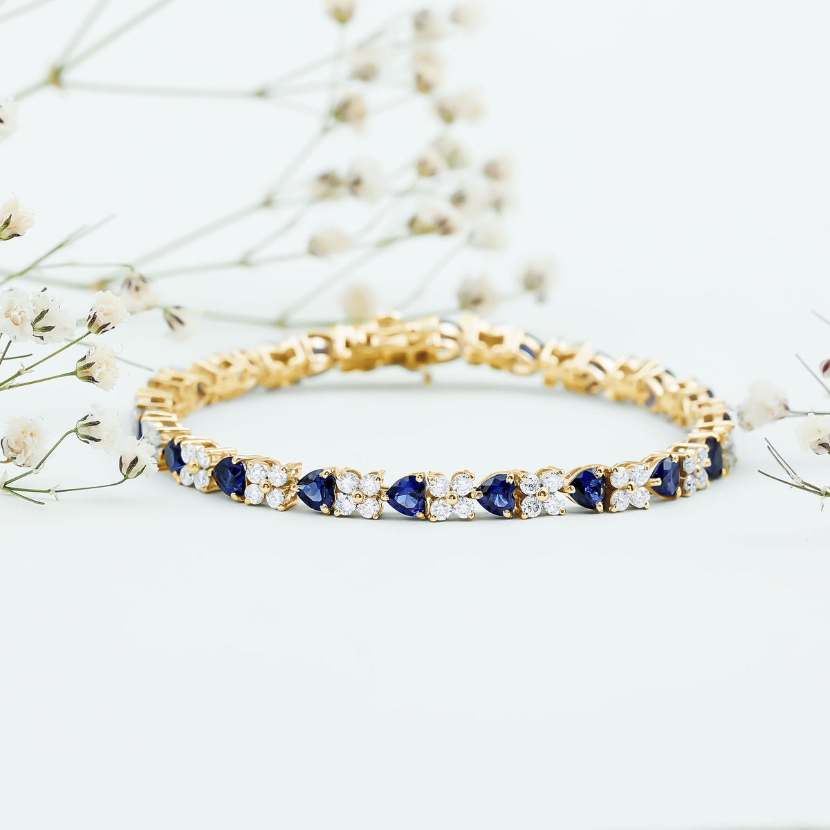 Lab-Created Blue Sapphire Heart Tennis Bracelet with Moissanite