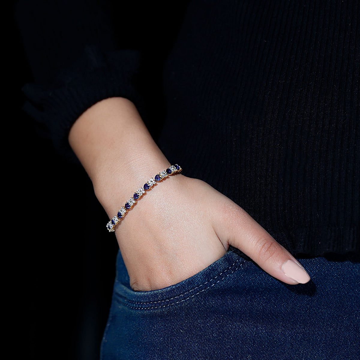 Lab-Created Blue Sapphire Heart Tennis Bracelet with Moissanite