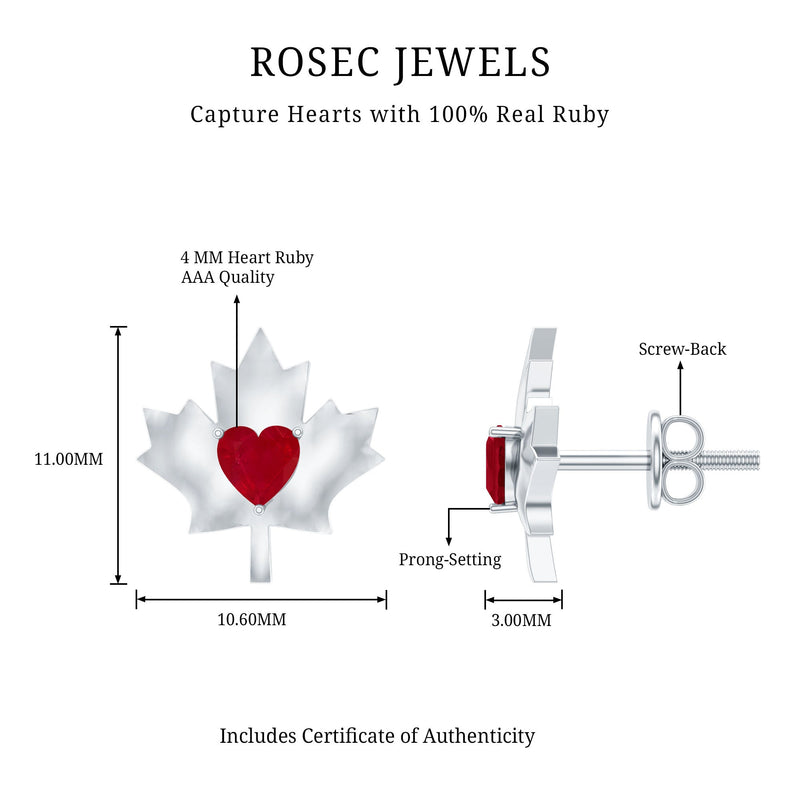 Maple Heart Ruby Stud Earrings