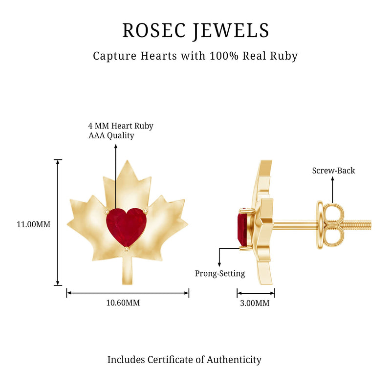 Maple Heart Ruby Stud Earrings