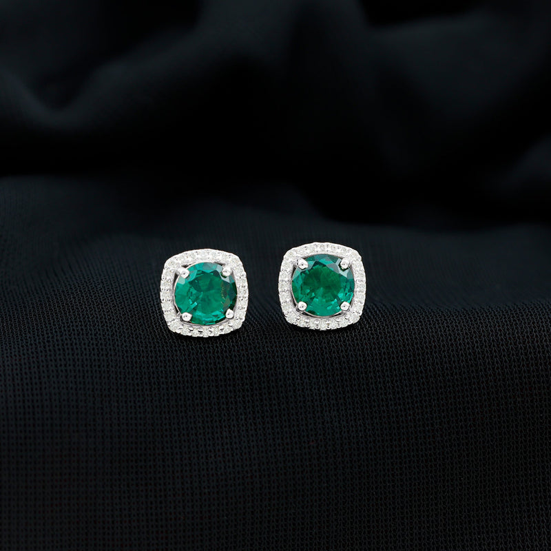 1.60 Carat Lab-Created Emerald & Diamond Halo Stud Earrings