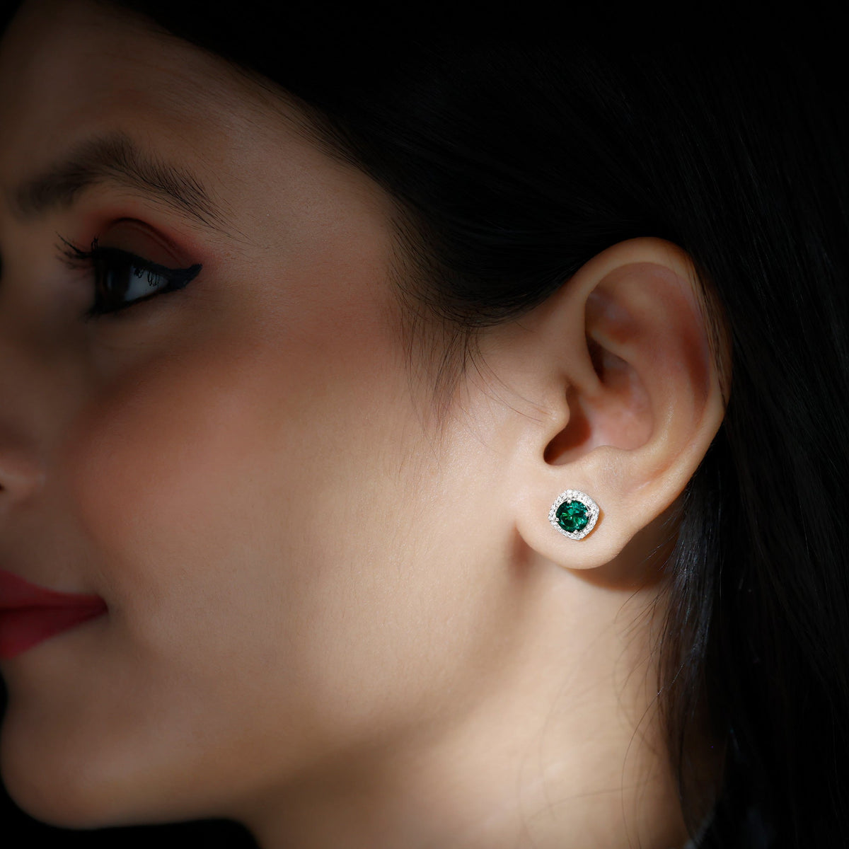 1.60 Carat Lab-Created Emerald & Diamond Halo Stud Earrings