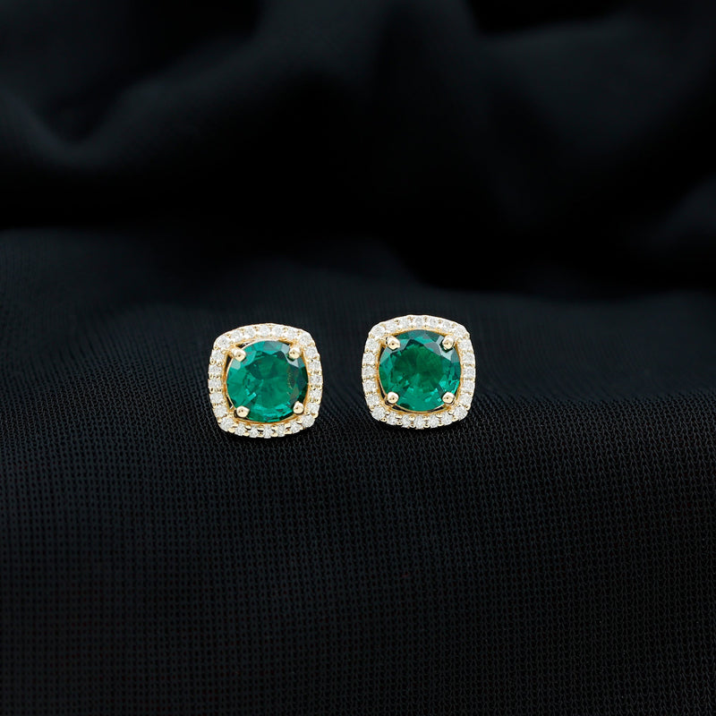1.60 Carat Lab-Created Emerald & Diamond Halo Stud Earrings