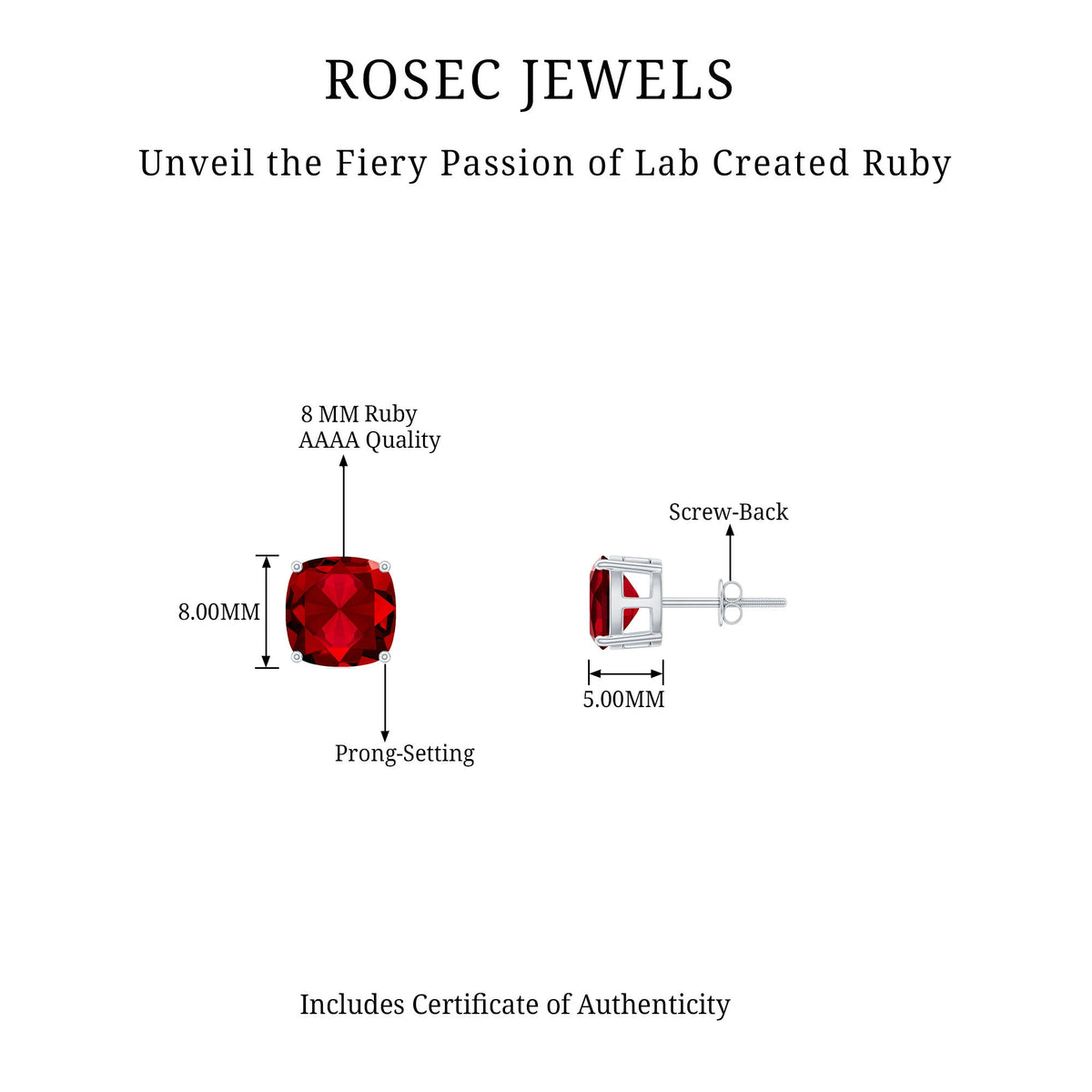 4 Carat Cushion-Cut Lab-Created Ruby Solitaire Stud Earrings