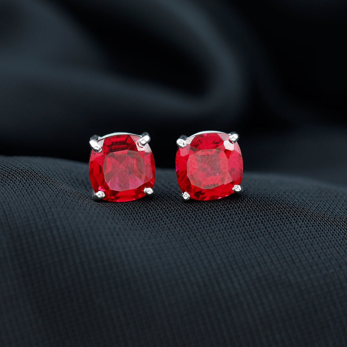 4 Carat Cushion-Cut Lab-Created Ruby Solitaire Stud Earrings