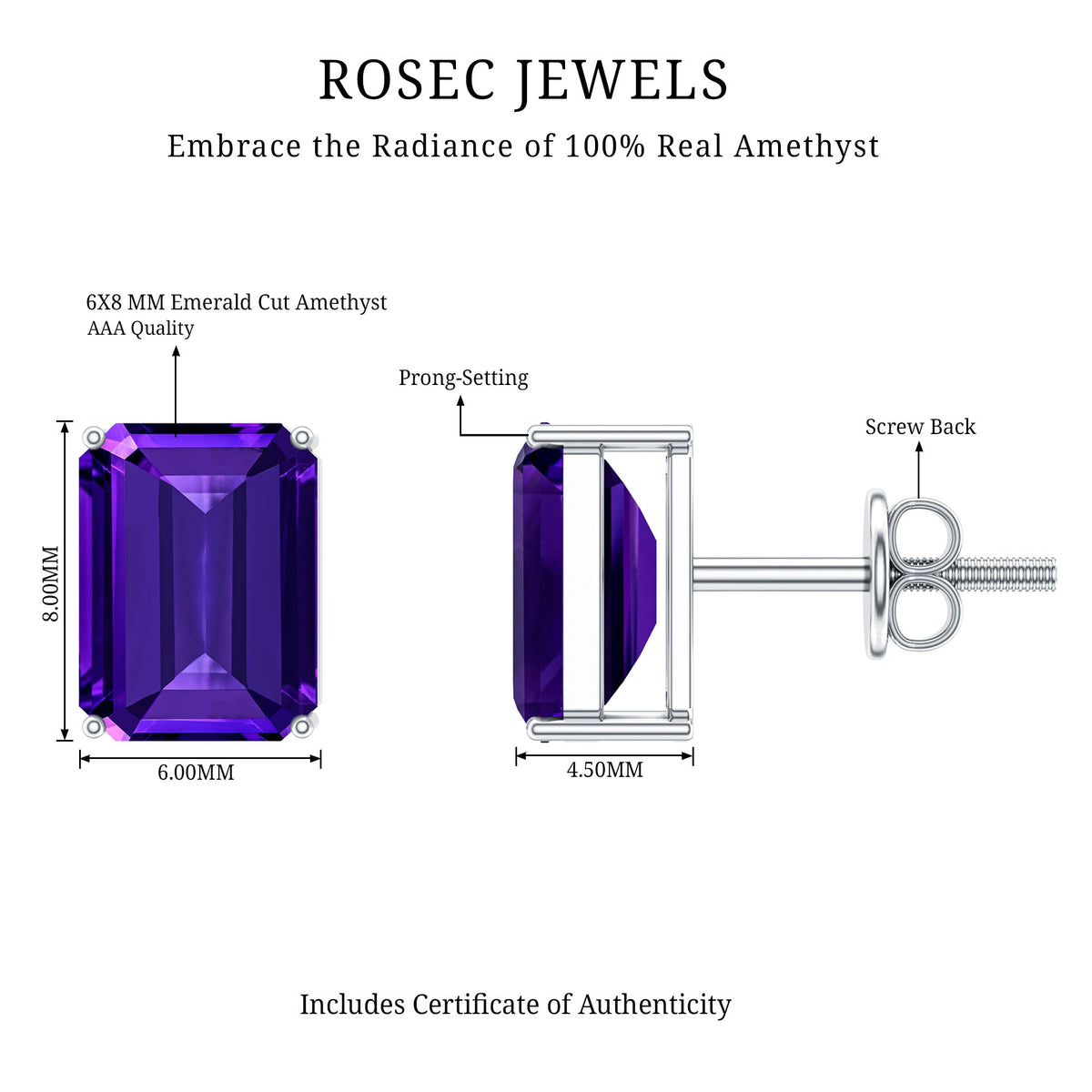 2.80 Carat Emerald-Cut Amethyst Solitaire Stud Earrings