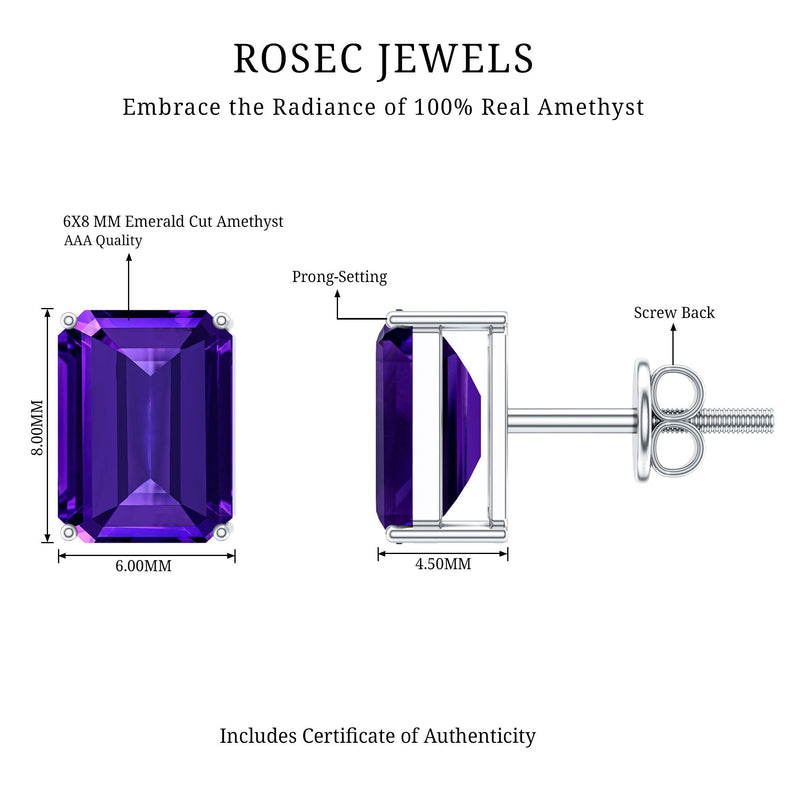 2.80 Carat Emerald-Cut Amethyst Solitaire Stud Earrings