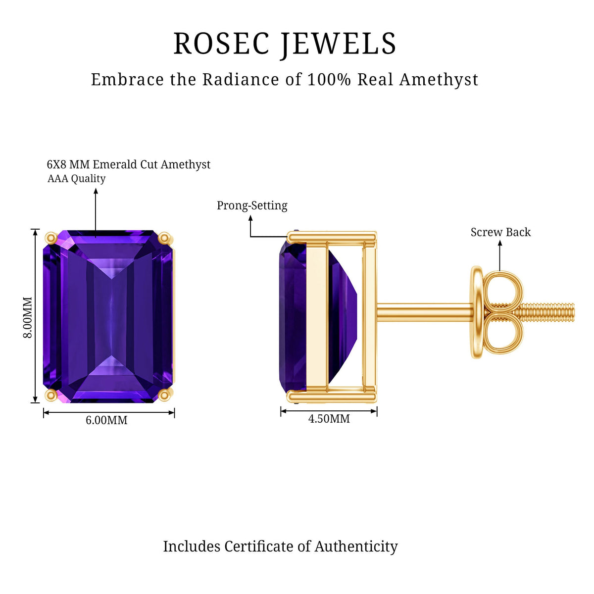 2.80 Carat Emerald-Cut Amethyst Solitaire Stud Earrings