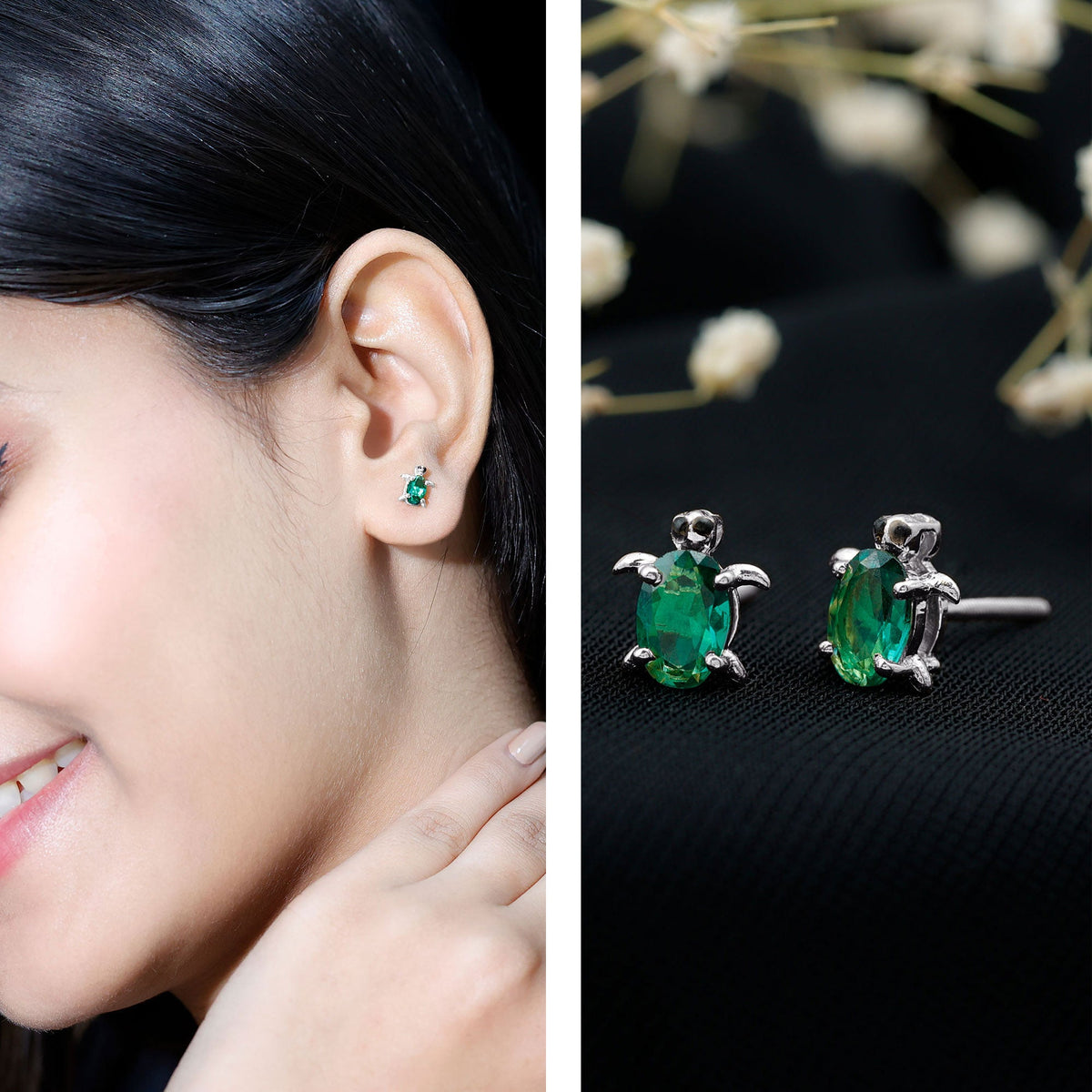 Lab-Created Emerald Turtle Stud Earrings