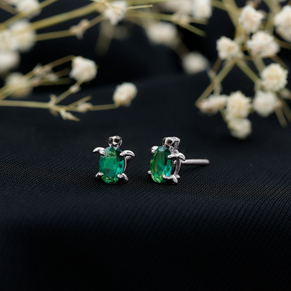 Lab-Created Emerald Turtle Stud Earrings