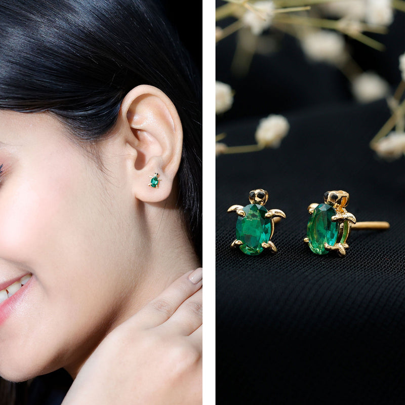 Lab-Created Emerald Turtle Stud Earrings