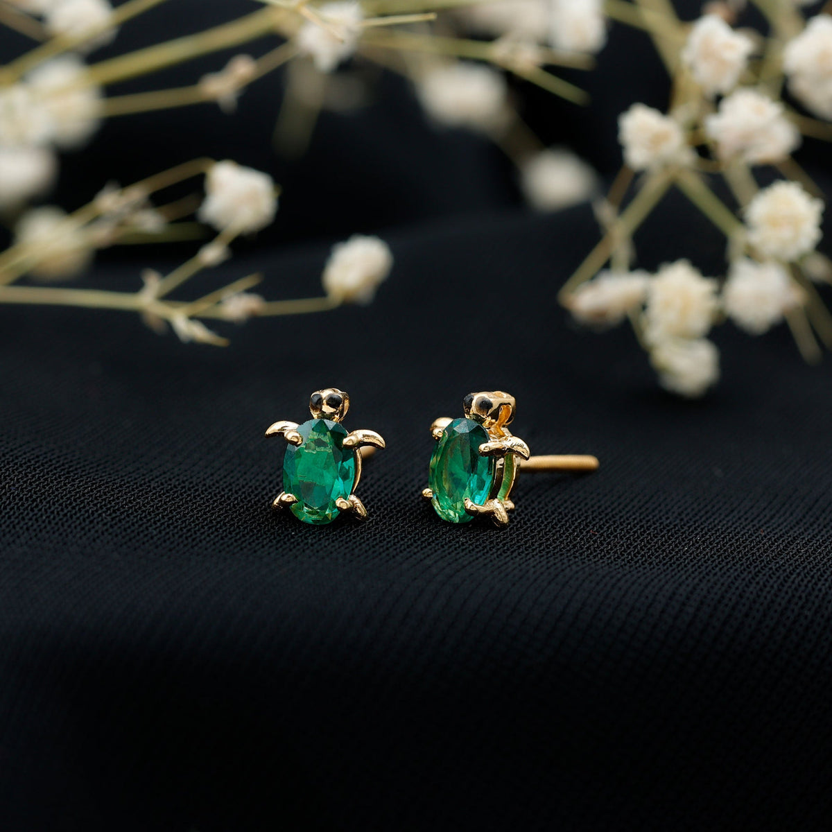 Lab-Created Emerald Turtle Stud Earrings