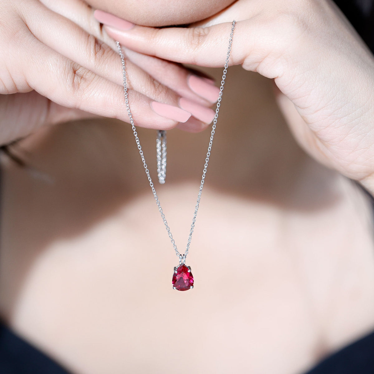3 Carat Pear Lab-Created Ruby Solitaire Necklace
