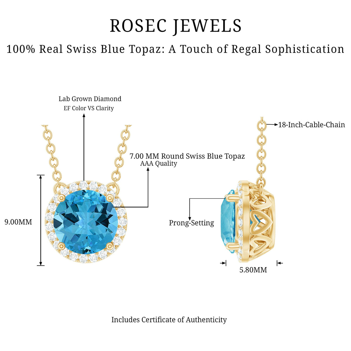 Swiss Blue Topaz & Lab-Grown Diamond Halo Necklace