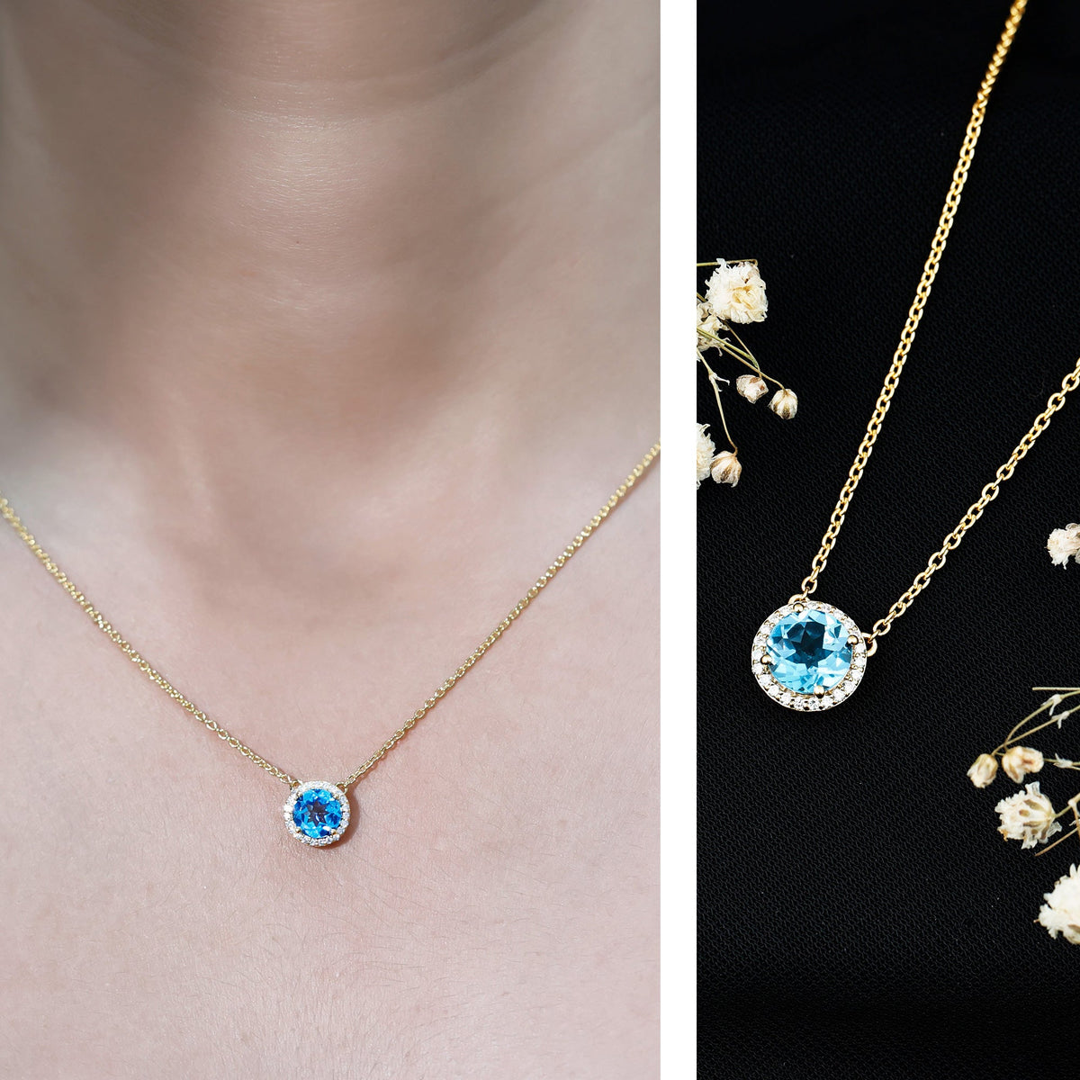 Swiss Blue Topaz & Lab-Grown Diamond Halo Necklace