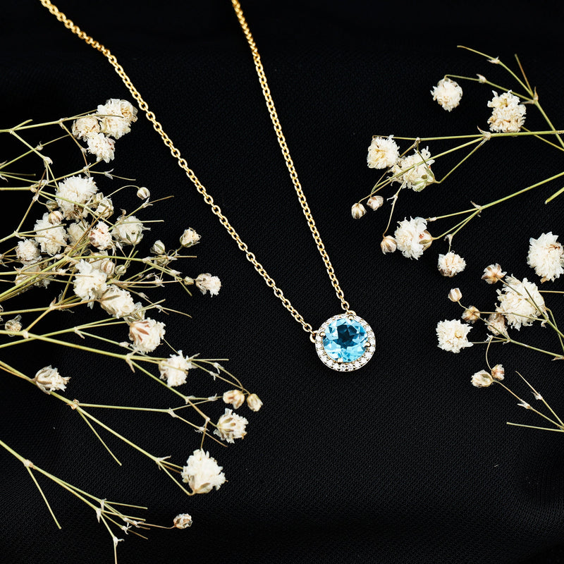 Swiss Blue Topaz & Lab-Grown Diamond Halo Necklace