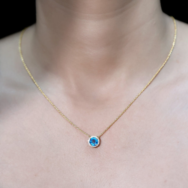 Swiss Blue Topaz & Lab-Grown Diamond Halo Necklace