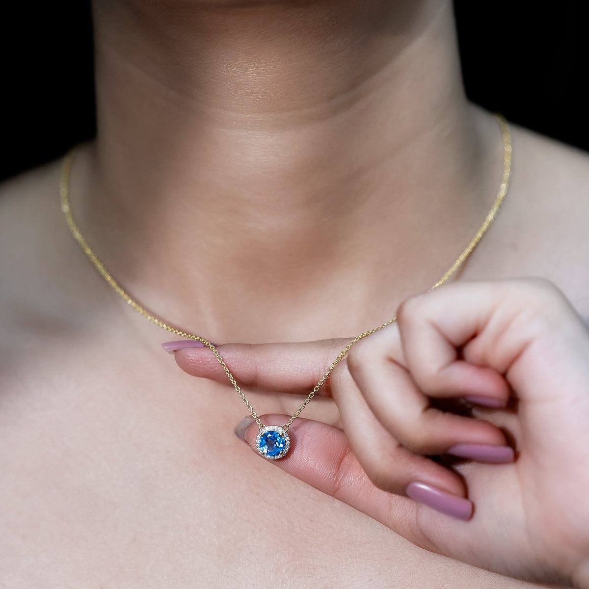 Swiss Blue Topaz & Lab-Grown Diamond Halo Necklace