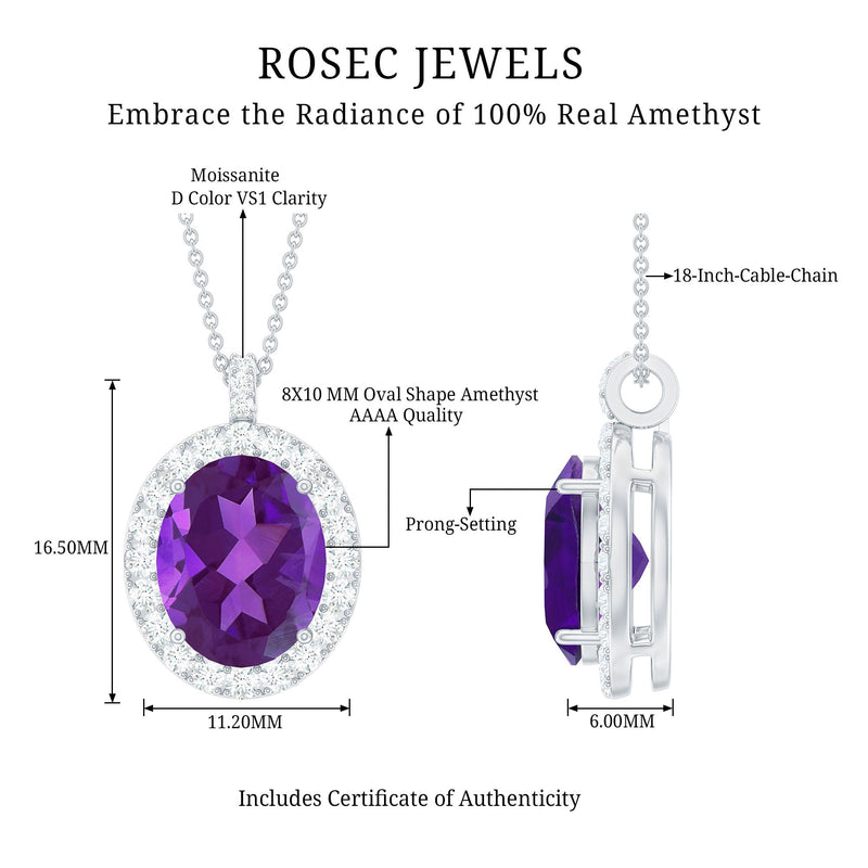 2.50 Carat Oval Amethyst & Moissanite Halo Necklace